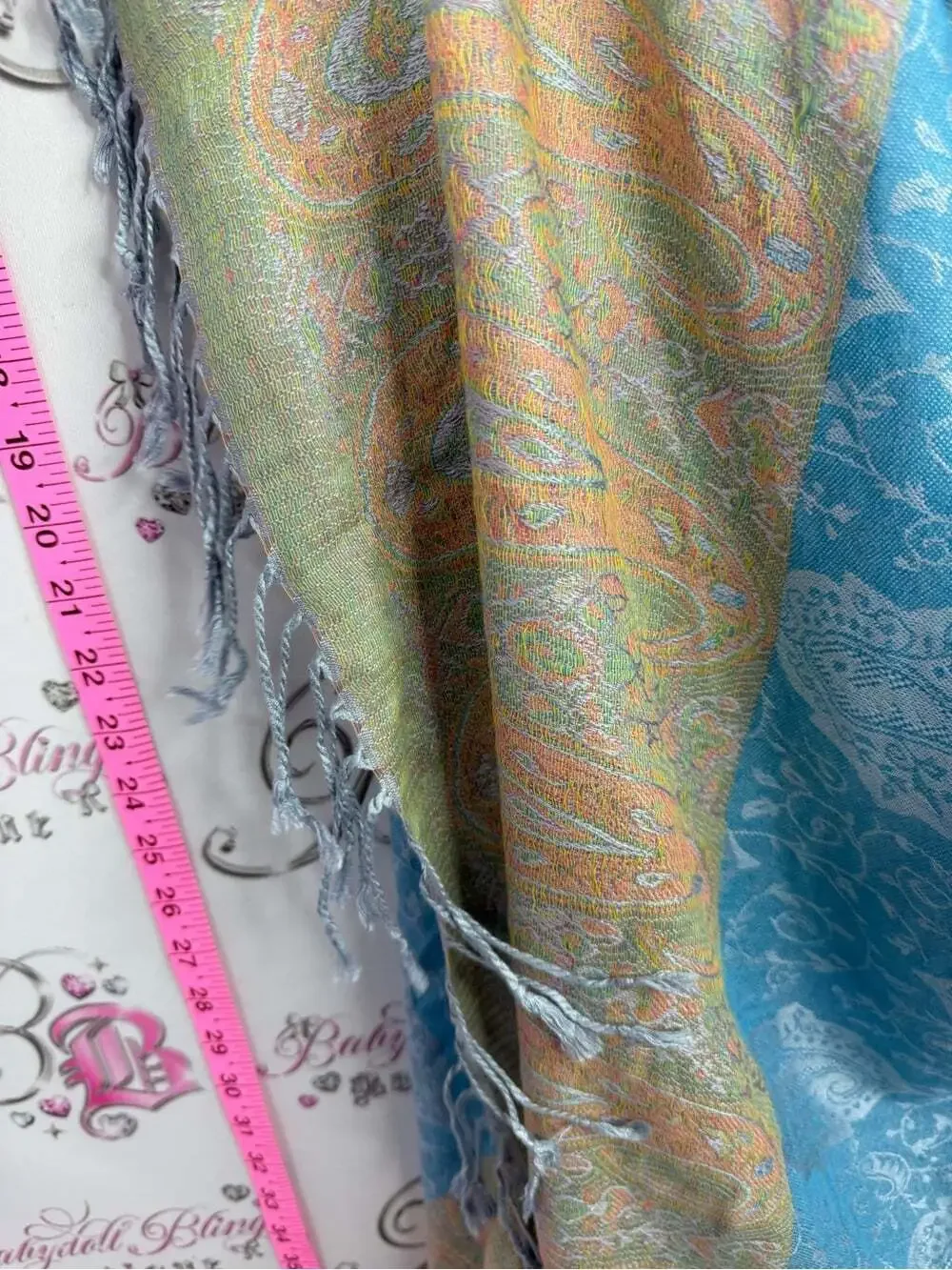 Scarf Light Blue Paisley Woven Wrap with Pastel Trim